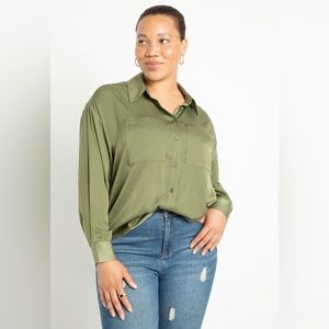Shiny Olive Button Down Blouse
